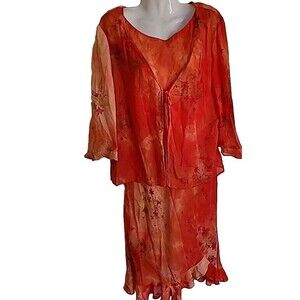 Donna Ricco New York Dress 2 Piece Orange Floral Size 12 Ruffle Hem